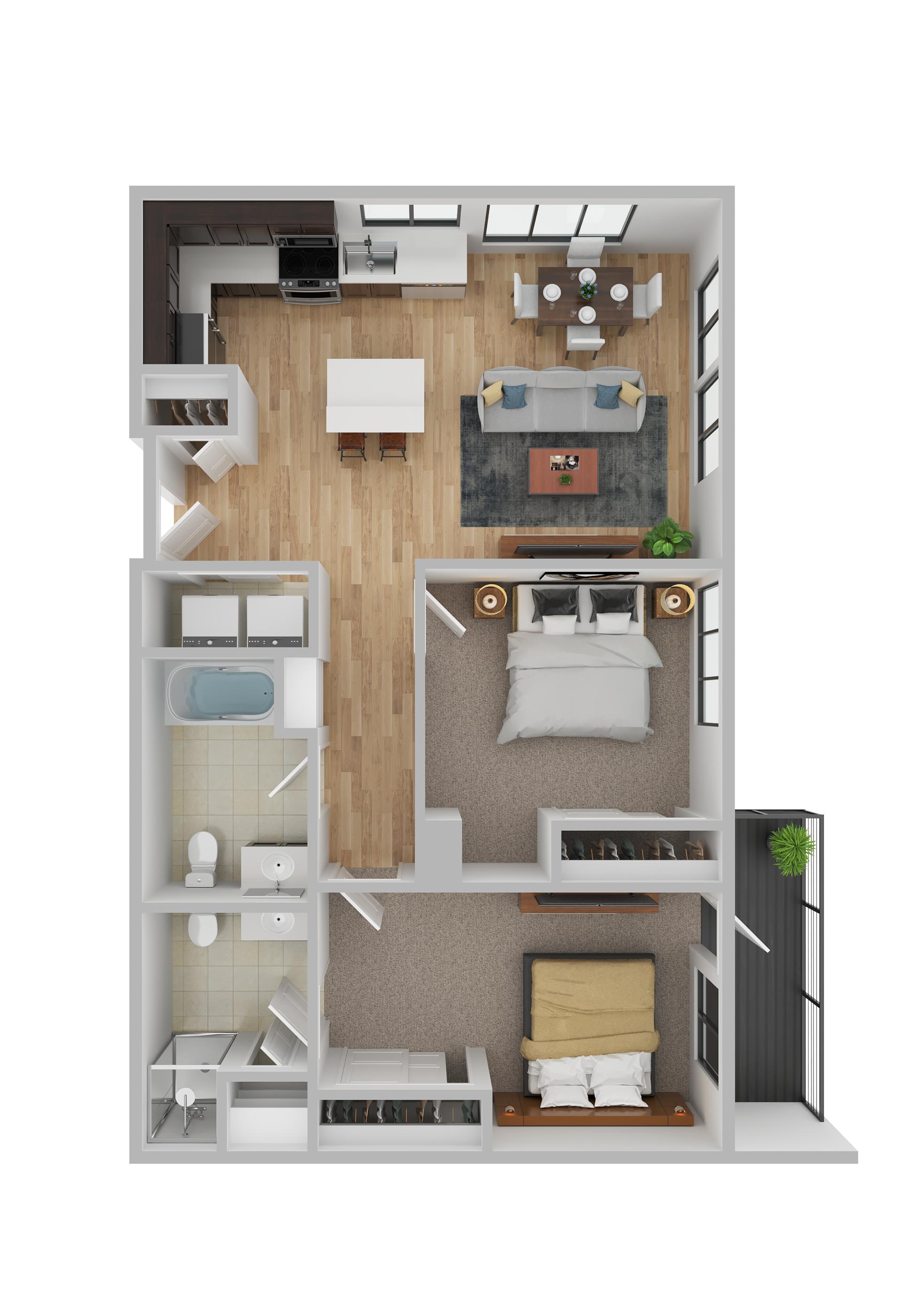 Floor plan for 2 beds, 2 baths, 851 sqft
